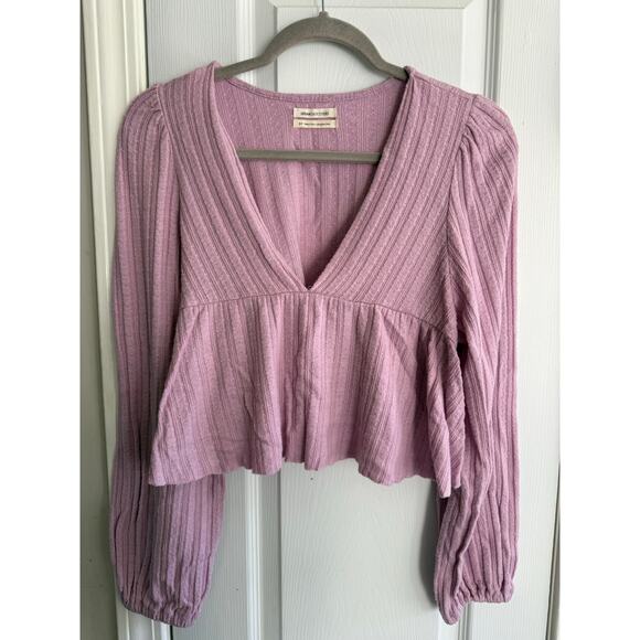 Urban Outfitters Lilac Ribbed Cropped Babydoll Peplum Long Sleeve Top size Small - Picture 4 of 7